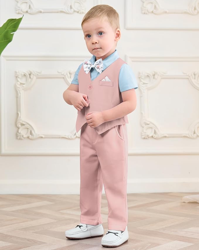DISAUR Baby Boy Clothes Toddler Boy Outfits 4PCS Gentleman Dress Romper/Vest/Pants/Bow Tie Cotton Suit Sets