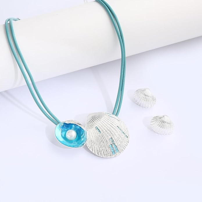 Chunky Statement Jewelry Set Blue Ocean Seashell Choker Necklaces Earrings Set for Women Pearl Bib Collar Necklaces for Party Prom Pageant Summer Fashion Jewelry Unique Birthday Gift