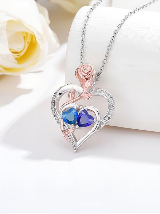 Rose Flower Heart Pendant for Women Birthday Gifts 18k Gold Plated Mother Daughter Necklace with 12 Months Birthstone Christmas Valentines Day Gifts for Her Mom Anniversarry Jewelry for Mom Wife Girlfriend