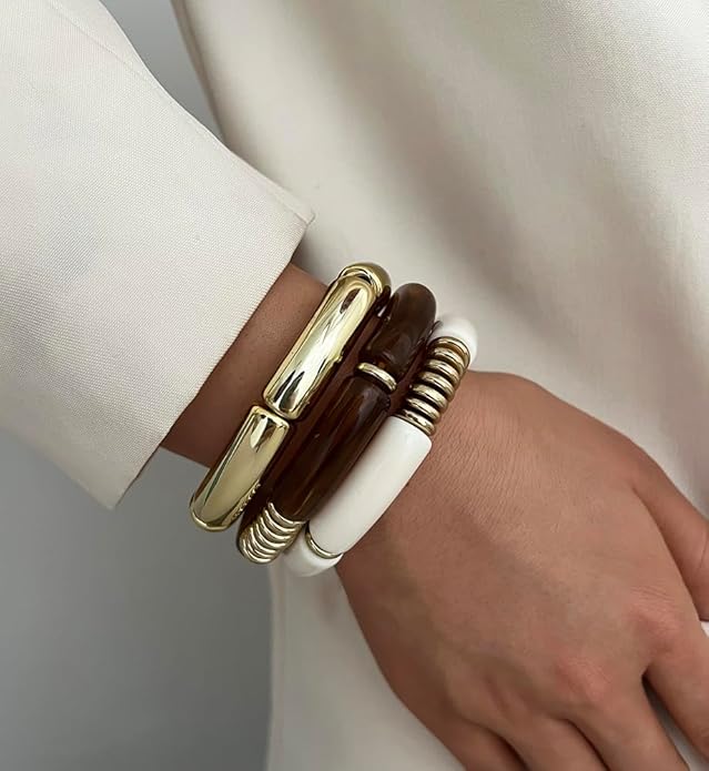 iF YOU 6pcs Chunky Acrylic Bangle Bracelets for Women, Resin Bamboo Brown Stretchy Bracelet Stack, Fashion Jewelry for Women
