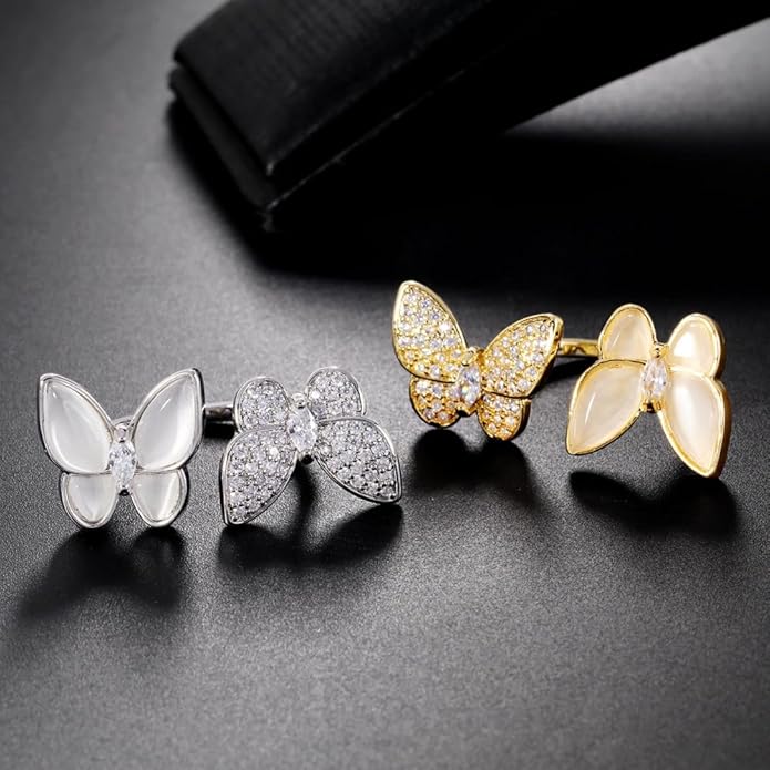 Double Butterfly Rings for Women AAA Cubic Zirconia Finger Ring Ladies Fashion Hand Jewelry Natural Stone Adjustable Ring