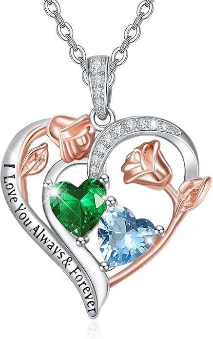 Valentine's Day Gifts for Wife 925 Sterling Silver Double Birthstone Pendant Necklaces I Love You for Always and Forever Necklace Anniversary Birthday Gifts for Wife Girlfriend Mom Her