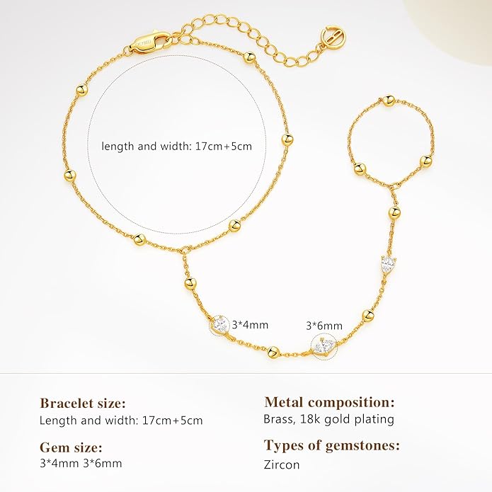 Cicy Bell Hand Chain 18k Gold Plated Bracelet for Women Trendy Teardrop Cubic Zirconia Adjustable Finger Ring Slave Dainty Bracelets Jewelry Gifts