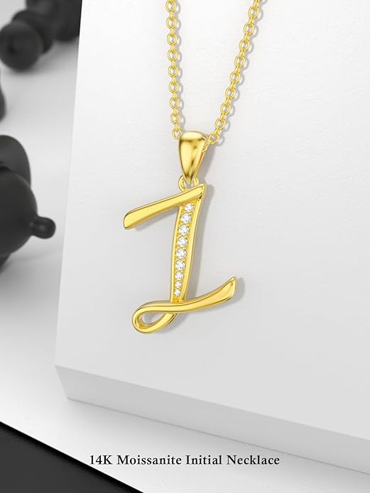 14k Gold Initial Necklace for Women, Solid Gold Moissanite Letter Pendant Necklaces Jewelry for Her Birthday Valentines Day Gifts for Mom Wife Christmas Gifts for Girlfriend Sister