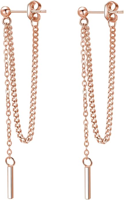 SLUYNZ Solid 925 Sterling Silver Bar Dangle Earrings for Women Minimalist Dangle Earrings Threader Chain