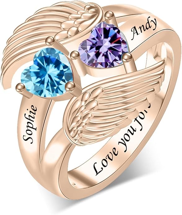 Personalized Heart Birthstone Rings for Women with 2 Birthstones Custom Name Rings for Couple Mother Daughter Jewelry Gift for Mother Her Christmas