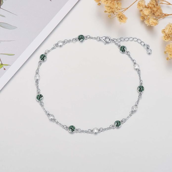 Anklet Bracelet for Women 925 Sterling Silver Natural Stone Chain Ankle Bracelet Beach Summer Fine Jewelry Valentines Day Birthday Gifts for Her Mom Wife