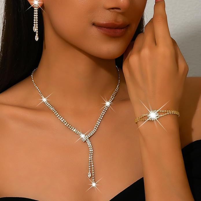 4 Pieces Cubic Zirconia Wedding Jewelry Sets for Bride Rhinestone Bridal Jewelry Set Necklace Bracelet Earring Ring for Brides Bridesmaid for Wedding Party