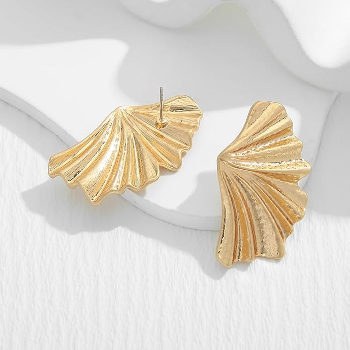 Chunky Gold Statement Earrings For Women Gold Plated Sectored Flower Leaf Shell Angel Wing Earrings Trendy Boho Jewelry For Women Large Stud Earrings Hypoallergenic Earrings