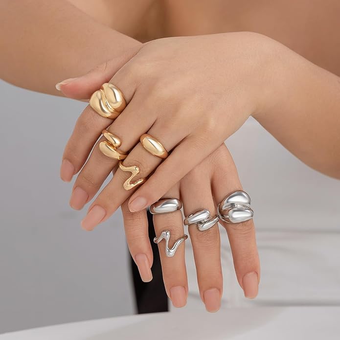 MIFYNN Chunky Gold Rings for Women Gold Silver Adjustable Thick Ring Fashion Statement Ring Open Dome Ring Chunky Silver Rings Geometric Curved Minimalist Simple Rings