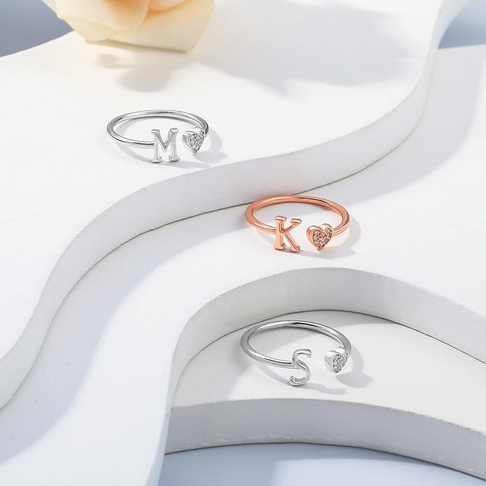 Valentines Day Gift Initial Rings for Teen Girls - S925 Heart Sterling Silver Rings for Teen Girls | 14K Gold/Rose Gold/Sterling Silver Plated Ring for Girls Kids Women Ring for Teenager Girls Gifts Adjustable, No Tarnish, Hypoallergenic