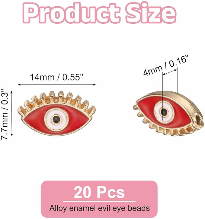 MECCANIXITY 20 Pcs Eye Shaped Evil Eye Beads Colorful Flat Loose Spacer Evil Eye Charms for DIY Bracelet Earrings Necklace Crafts Jewelry Making, Red