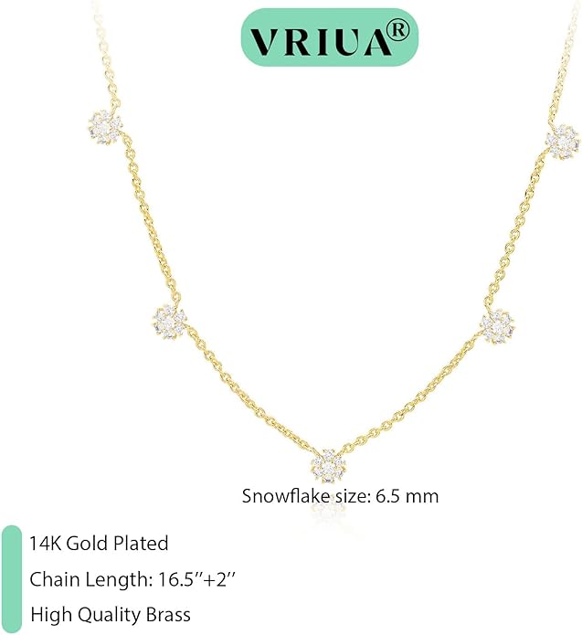 VRIUA Necklaces for Women - 14K Gold/Silver Plated Dainty Chain Necklace with Five Charms: Diamond, Bow, Snowflake, Cross, Flower, Clover, Butterfly, Heart, Star of David, and Star Trendy Jewelry