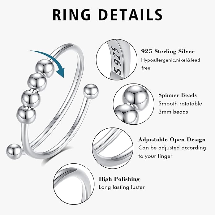 Vito 925 Sterling Silver Fidget Anxiety Ring for Women, Adjustable Open Spinner Ring Stress Relief Ring Stacking Band Anillos Jewelry Gift for Mom Daughter