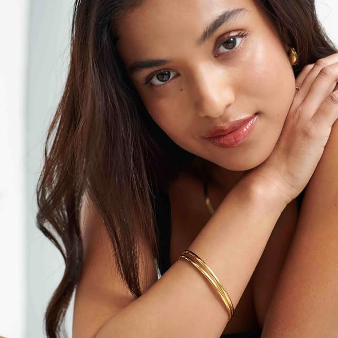 PERNNLA PEARL Dainty Gold Bar Bracelet for Women Simple Delicate Thin Cuff Bangle Hook Bracelet 18K Gold Plated Handmade Minimalist Jewelry