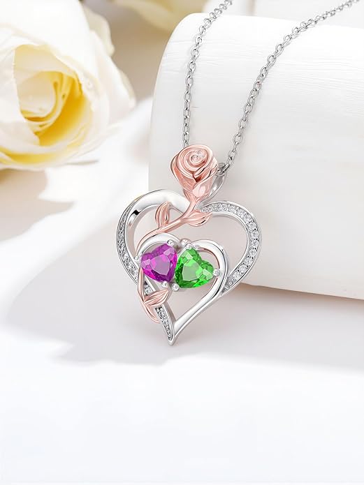 Rose Flower Heart Pendant for Women Birthday Gifts 18k Gold Plated Mother Daughter Necklace with 12 Months Birthstone Christmas Valentines Day Gifts for Her Mom Anniversarry Jewelry for Mom Wife Girlfriend