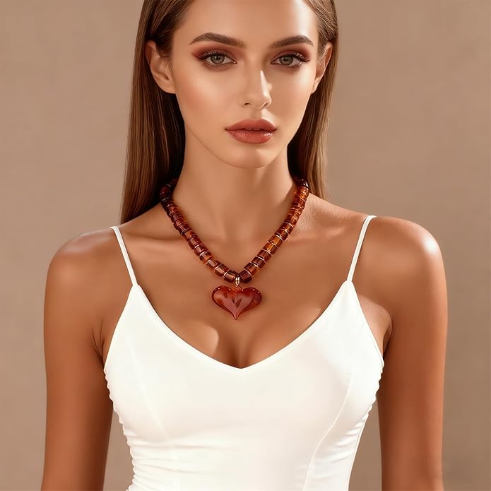 Large Acrylic Heart Necklaces for Women Chunky Puffy Heart Pendant Necklace Exaggerated Statement Love Beaded Choker Necklace Jewelry