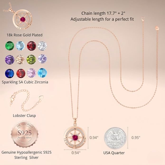 Compass Necklace for Women Wife Girlfriend Mom Daughter Gifts S925 Sterling Silver Jewelry For Anniversary Rose Gold Gifts For Birthday Christmas Mothers Valentines Day 12 Birthstones