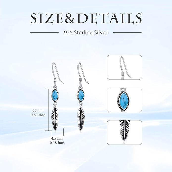 Feather Earrings for Women 925 Sterling Silver Western Boho Drop Dangle Earrings Vintage Feather Jewelry Gifts