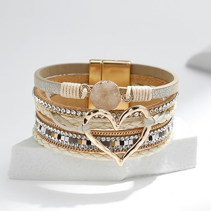Fesciory Leopard Bracelet for Women, Boho Leather Wrap Multi-Layer Pearl Crystal Bracelet Bangle Jewelry