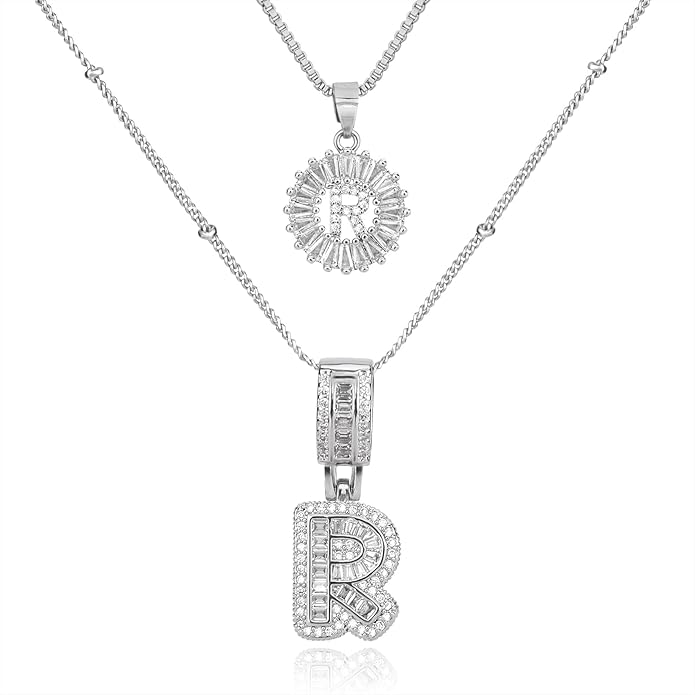 Initial Letter Necklace for Women 14k White Gold Silver Plated Dainty Necklaces Trendy Chunky Custom Layered Necklace Set Personalized Round Circle Zirconia A-Z Letter Chain Pendant Jewelry Gift