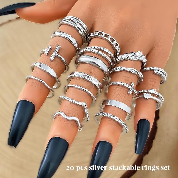 KISS WIFE Goldenen Silvery Black Kunckle Rings Set for Women, Dainty Simple Trendy Cute Stackable Finger Rings Pack, Perfect for Stacking Layering on Thumb and Knuckle, Mixed Size, Jewelry Gift