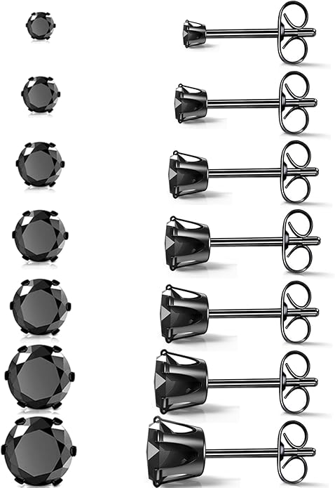 Silver Gold Black Stud Earrings Set 7Pairs Hypoallergenic Cubic Zirconia Titanium Stainless Steel Silver Rose Gold Black CZ Cartilage Stud Earrings Jewelry Sets for Women Men, 2-8mm CZ Stud Earrings