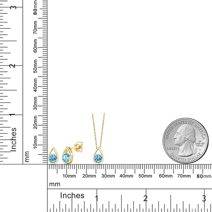 Gem Stone King 18K Yellow Gold Plated Silver 5MM Round Gemstone Birthstone Teardrop Pendant Earrings Set | Jewelry Set for Women | With 18 Inch Chain