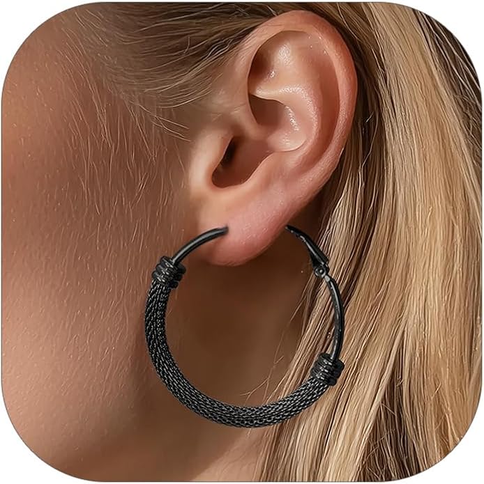 KeyStyle Mesh Hoop Earrings for Women, Stainless Steel Gold Hoops Earring Lightweight Loops, 2MM Thick Hypoallergenic Circle Endless Hollow Hoop 20mm-80mm