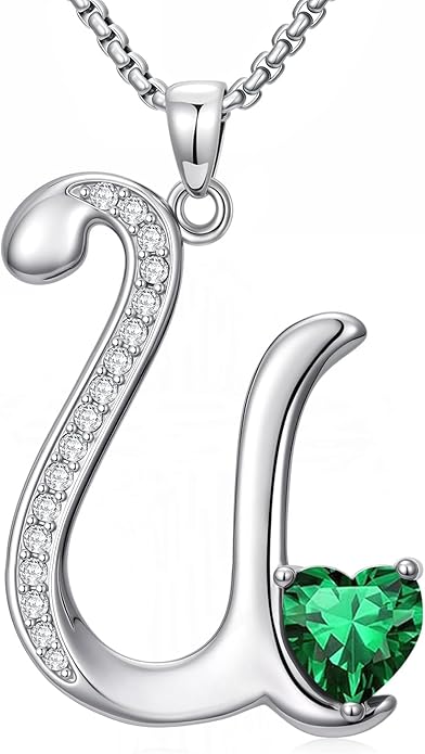Valentines Day Gifts for Women Alphabet A to Z Initial Birthstone Pendant Necklaces for Women - 18k White Gold Plated Personalized Name Jewelry Valentine Mothers Day Birthday Gifts for Women Her Girlfriend