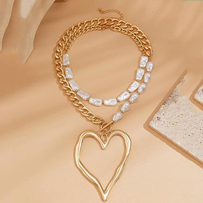 Chunky Gold Heart Necklace for Women,Y2K Big Heart Statement Necklace Long Puffy Hearts Chain Charm Necklaces Trendy Jewerly