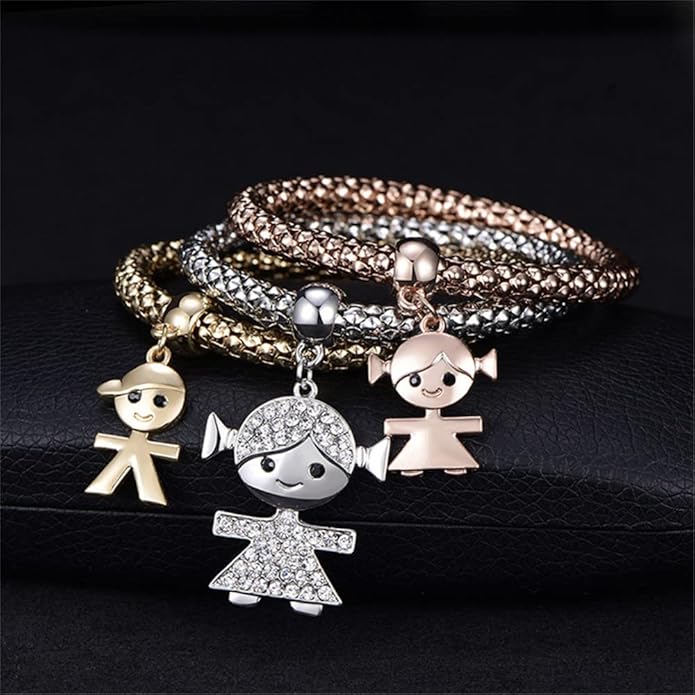 Crystal Charms Multilayer Bracelets - 3PCS Gold/Silver/Rose Gold Corn Chain Bracelet for Women, Tree of Life Heart Shaped Stretch Bracelet