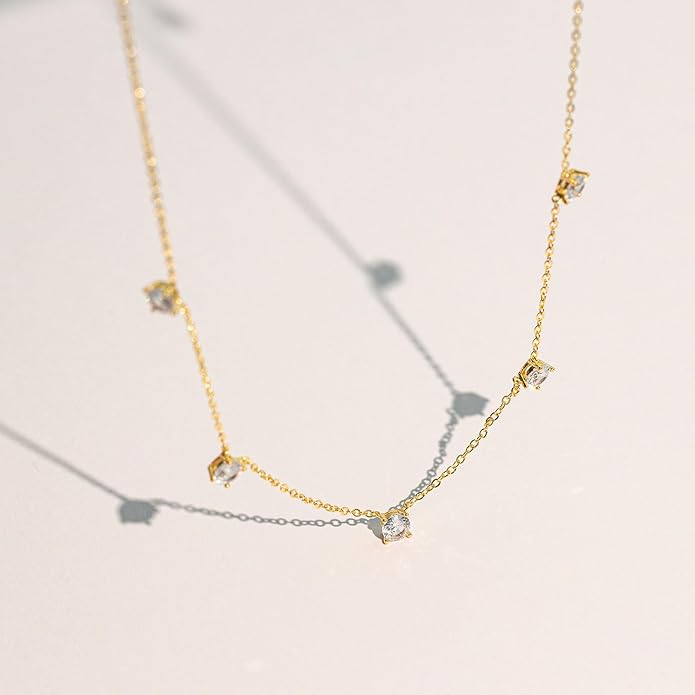 VRIUA Necklaces for Women - 14K Gold/Silver Plated Dainty Chain Necklace with Five Charms: Diamond, Bow, Snowflake, Cross, Flower, Clover, Butterfly, Heart, Star of David, and Star Trendy Jewelry
