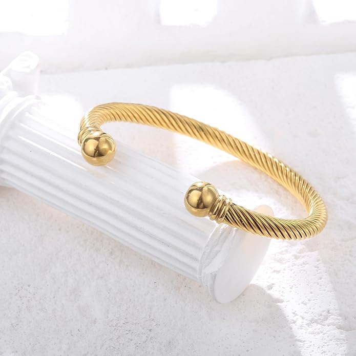Adjustable C-Shape Open Cuff Bangle, Twisted Cable Bracelet for Men & Women, Chic Stainless Steel Unisex Jewelry Gift for Him Her, Unique Anniversary Present