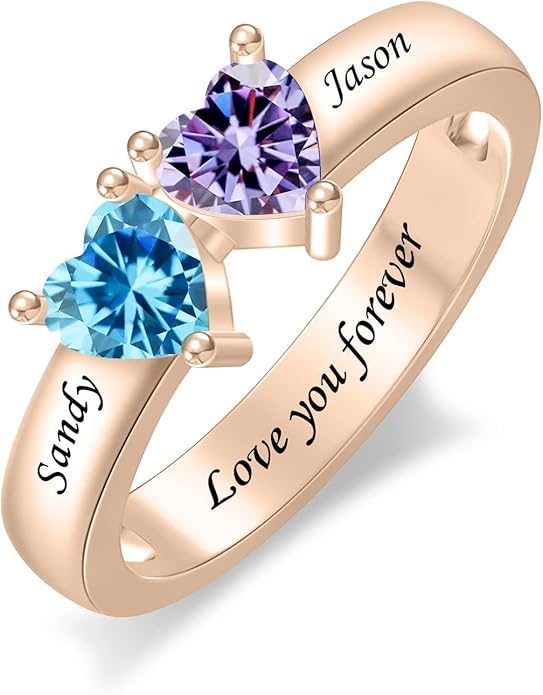 Personalized Heart Birthstone Rings for Women with 2 Birthstones Custom Name Rings for Couple Mother Daughter Jewelry Gift for Mother Her Christmas