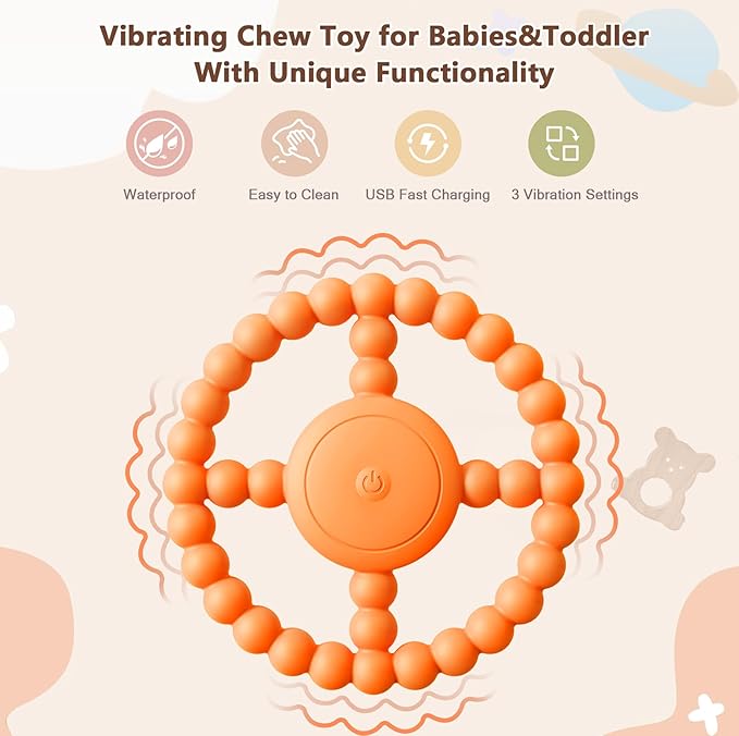 Vibrating Sensory Teething Toys,Baby Toys 6-18 Months, Autism Support & Oral Development, USB Rechargeable Teether for Toddlers, 1-2 Year Old Boys Christmas Girls Gifts idea (Orange)