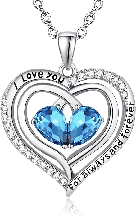 Valentine's Day Gifts for Wife 925 Sterling Silver Double Birthstone Pendant Necklaces I Love You for Always and Forever Necklace Anniversary Birthday Gifts for Wife Girlfriend Mom Her