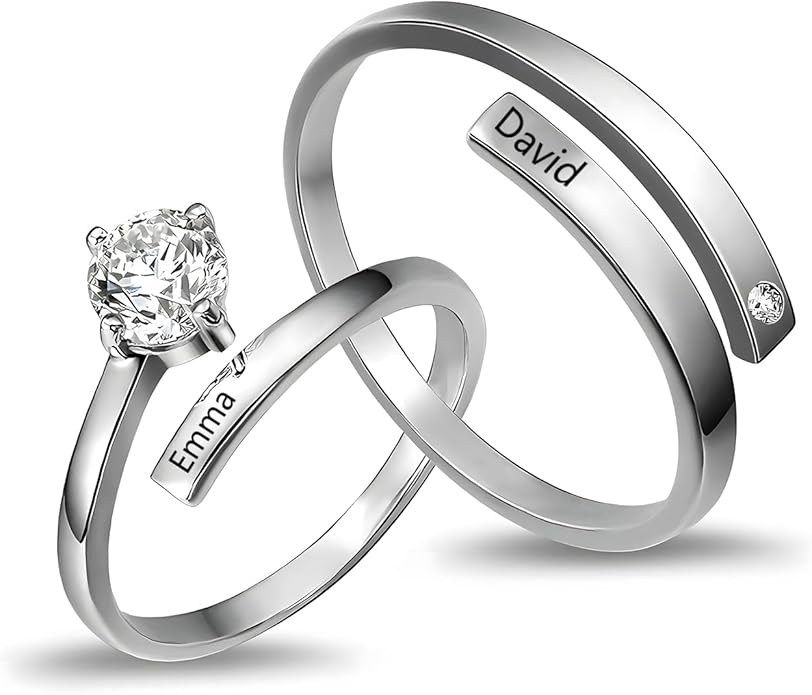 Personalized Couple Rings Engraved with Names - Adjustable Matching Promise Rings Set with Cubic Zirconia, Romantic Gift for Her/Him, Wedding, Anniversary, Valentine's Day (No Size Worry)
