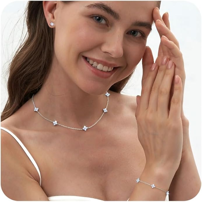 ORAZIO Dainty Silver Gold Jewelry Set for Women Trendy 14K Gold Plated CZ Flowers Pendant Choker Necklaces for Women Stud Earrings Clover Link Bracelets Stack Jewelry Gifts for Wedding Prom Brides