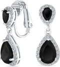 Vintage Style Bridal Cubic Zirconia Simulated Gemstone AAA CZ Halo Dangle Teardrop Chandelier Clip On Earrings For Women Silver Rose Gold Plated in Black Purple Blue Red Rose Pink Green Clear