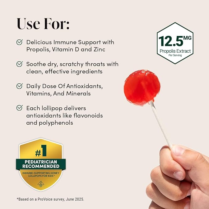 Kids Throat Soothing Watermelon Lollipops, by Beekeeper's Naturals - Doctor Formulated Immune Support, under 2g Sugar, Vitamin D & Honey, 15 ct