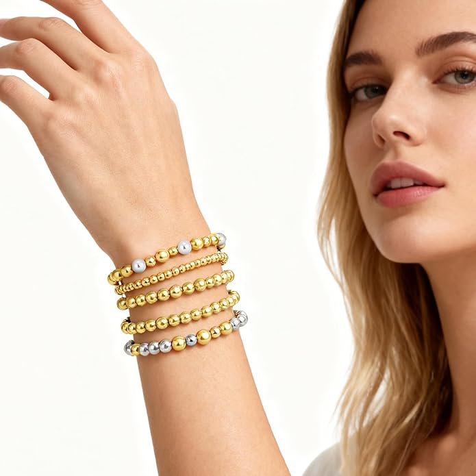 Gold Bracelets for Women Waterproof, 14K Gold Plated Beaded Cross Bracelets Set,Boho Stretch Bracelets Stackable Jewelry for Women Teenage Girls Jewelry Christmas Gifts