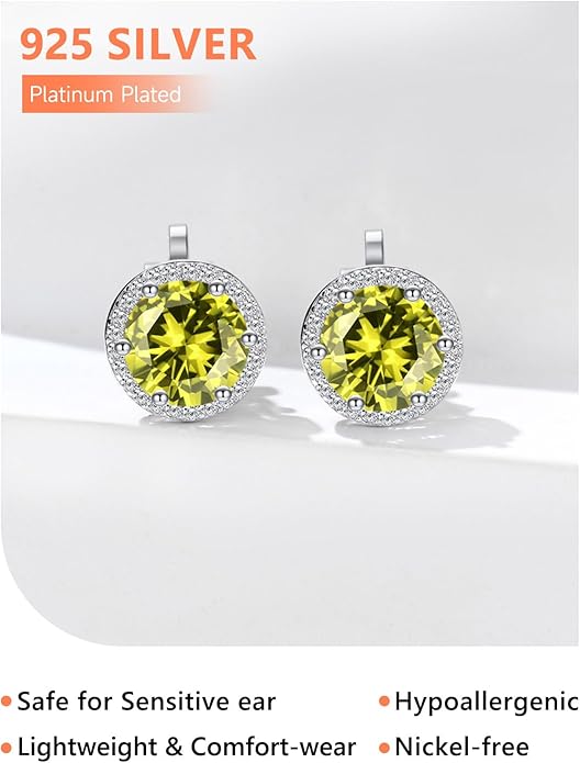 Silvora 925 Silver 8MM Cubic Zirconia Birthstone Clip On Stud Earrings Round Non Pierced Earrings For Women,Come with Box
