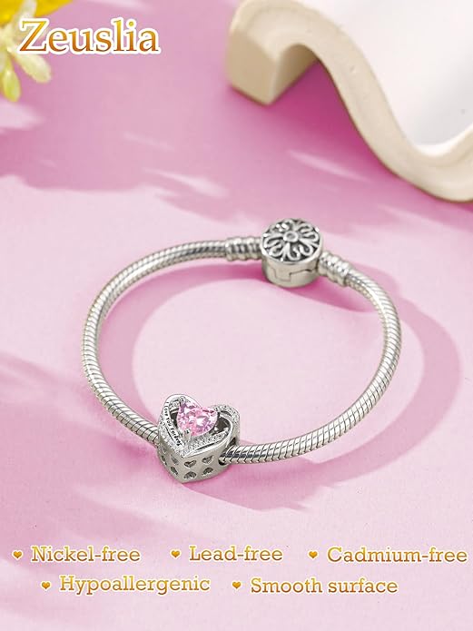 Heart Birthstone Charms for Bracelets, 925 Sterling Silver Women Bead Charms for Charm Bracelets Necklace, Mother's Day Birthday Anniversary Jewelry Gifts for Wife Mom Grandma Daughter