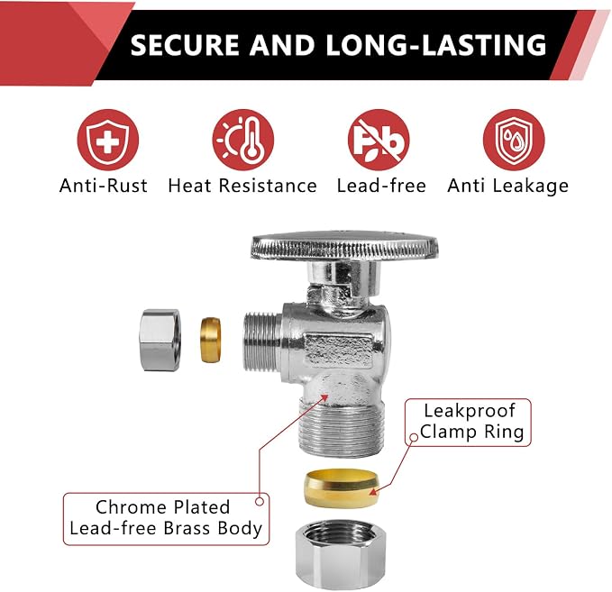 5PCS EFIELD Angle Stop Valve 1/2" Nominal Compression x 3/8" OD | 1/4 Turn - Image 5