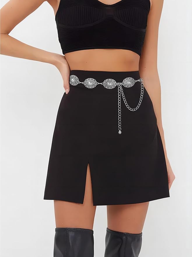 FIORETTO Metal Waist Chain Link Belt for Women Western Cowgirl Boho Turquoise Belts for Dress Jeans Country Concert Outfit