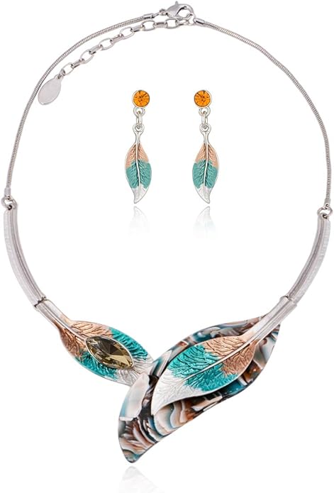 AMYJANE Vintage Statement Jewelry Set - Spring Leaf Flower Floral Plant Necklace Earring Set Crystal Rhinestone Fashion Costume Jewelry for Women Prom Party Unique Gift