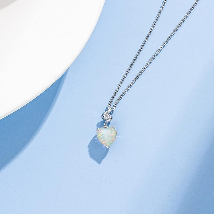 AGVANA Valentines Day Gifts 14K Solid White Gold Diamond Gemstone Pendant with Sterling Silver Chain 8mm Heart Birthstone Necklace Fine Jewelry Anniversary Birthday Gifts for Women Mom Wife