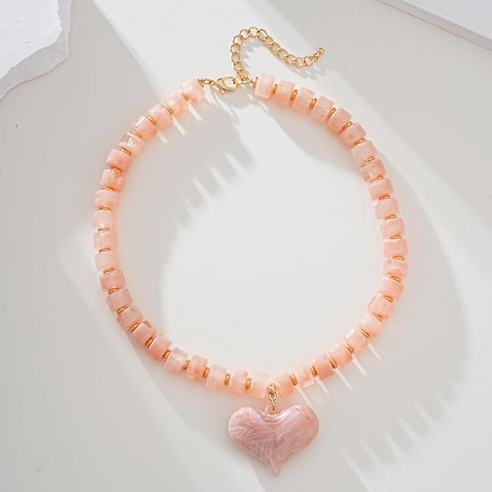 Large Acrylic Heart Necklaces for Women Chunky Puffy Heart Pendant Necklace Exaggerated Statement Love Beaded Choker Necklace Jewelry