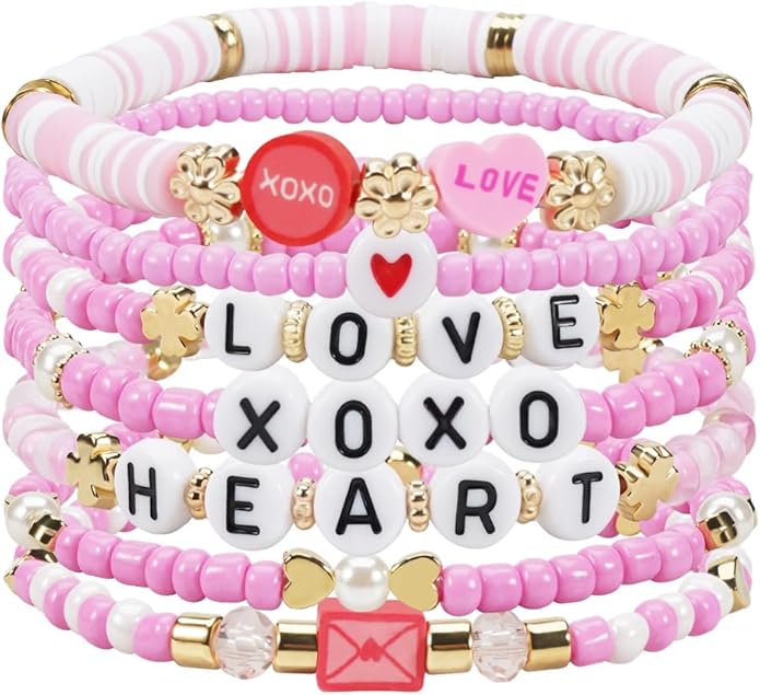 Beaded Bracelet for Women Pink Love Heart Stretch Bracelets Accessories